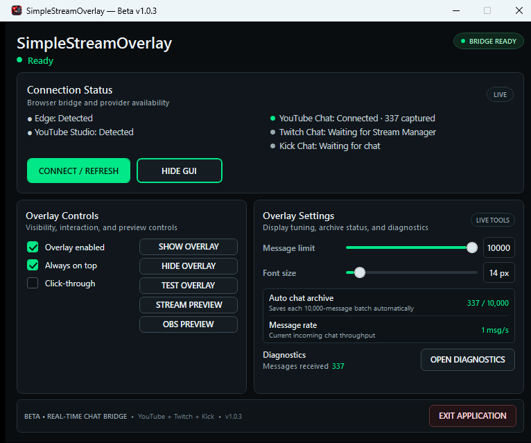 SimpleStreamOverlay expanded application interface showing connection status, overlay controls, settings, diagnostics and preview buttons