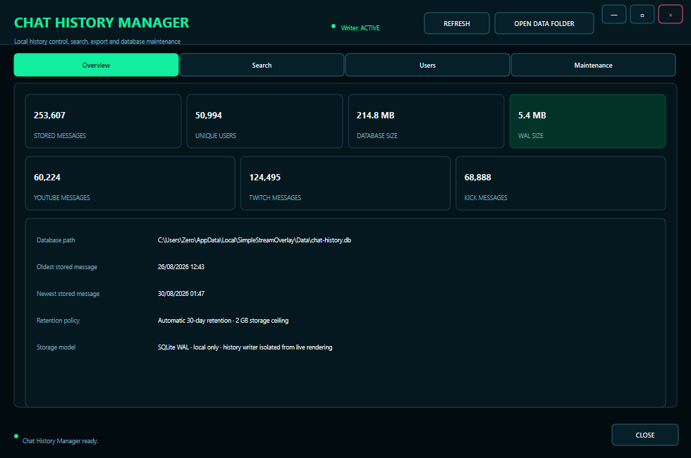 SimpleStreamOverlay v3.0.4 Chat History Manager showing stored messages, users and database statistics
