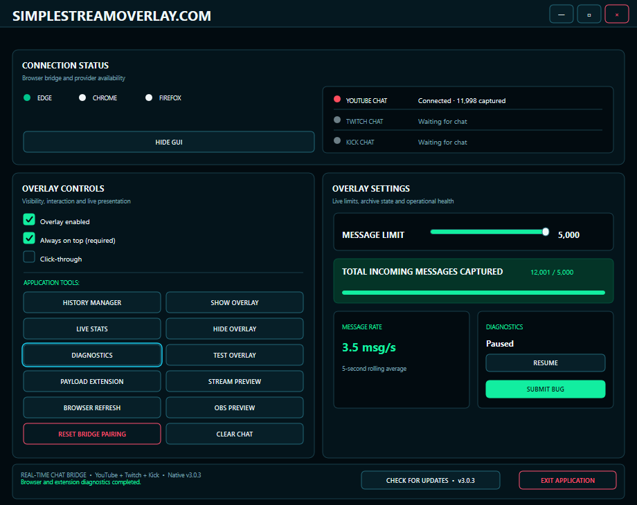 SimpleStreamOverlay v3.0.4 Control Panel with connection status, overlay controls and application tools