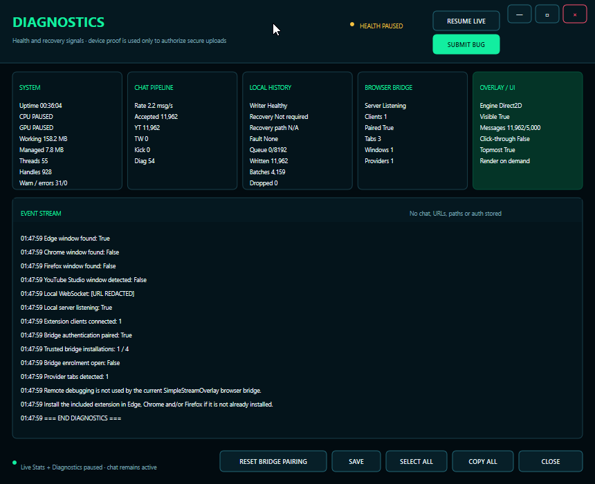 SimpleStreamOverlay Diagnostics view showing system, chat pipeline, browser bridge and overlay health